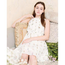 Fresh Flower Printed Sleeveless Pure White Women′s Dress